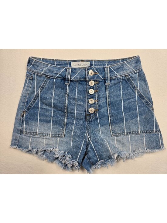 Happily Grey Pants - Happily Grey Womens Striped Frayed Denim High-Waisted Button-Fly Shorts Size 25
